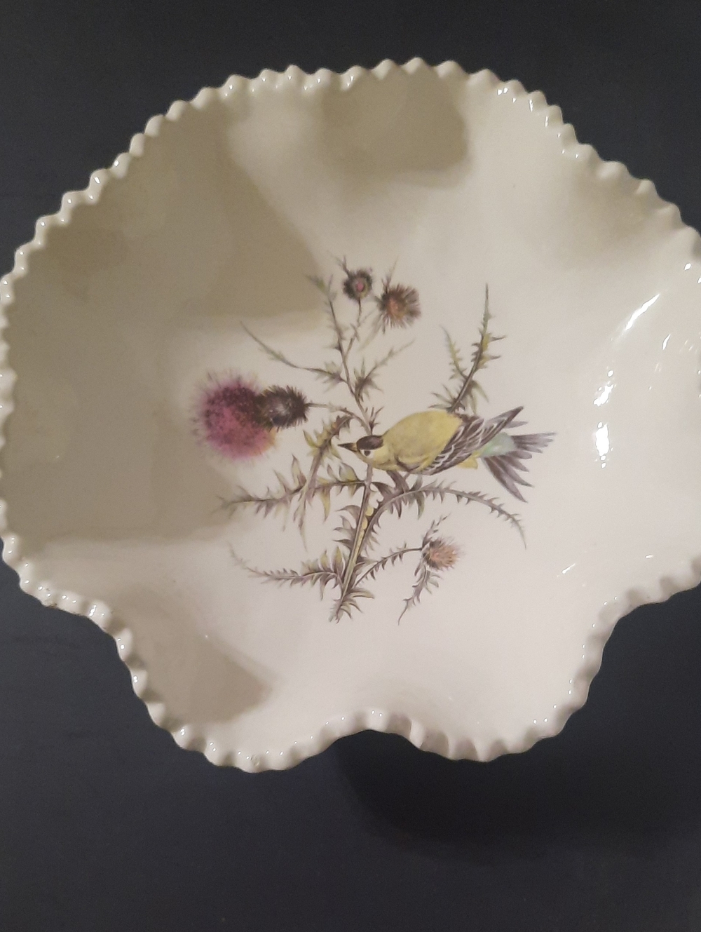 Vintage Bavaria Goldfinch & Thistle Dish with Scalloped Edge